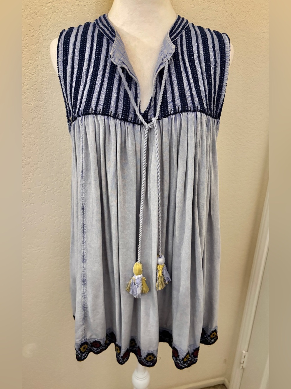 Rachel Zoe Boho Sleeveless Tunic with Navy Stripe embroidered Yoke